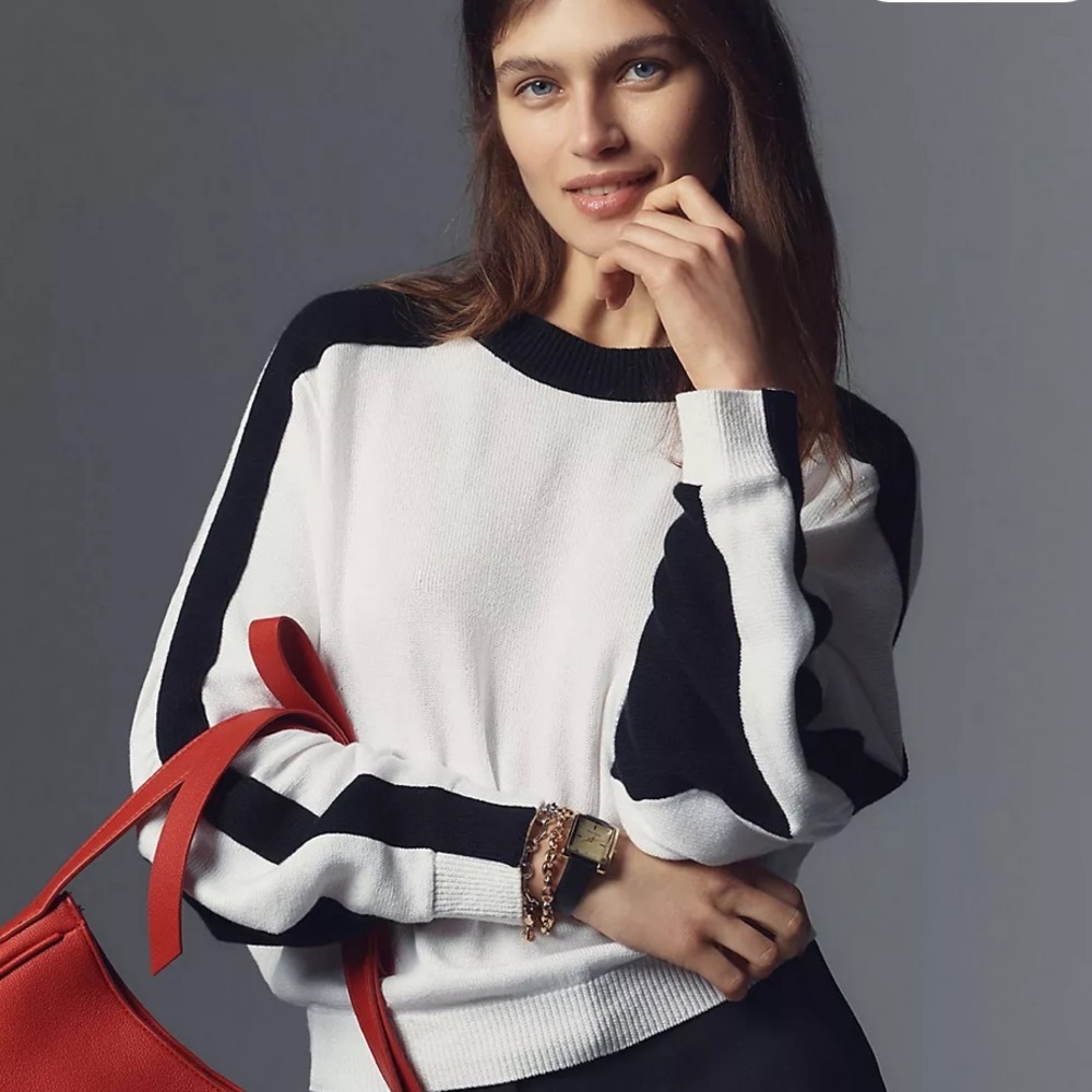 Maeve Color-Block Crew Neck Dolman Sleeves White And Black Sweater Anthropologie